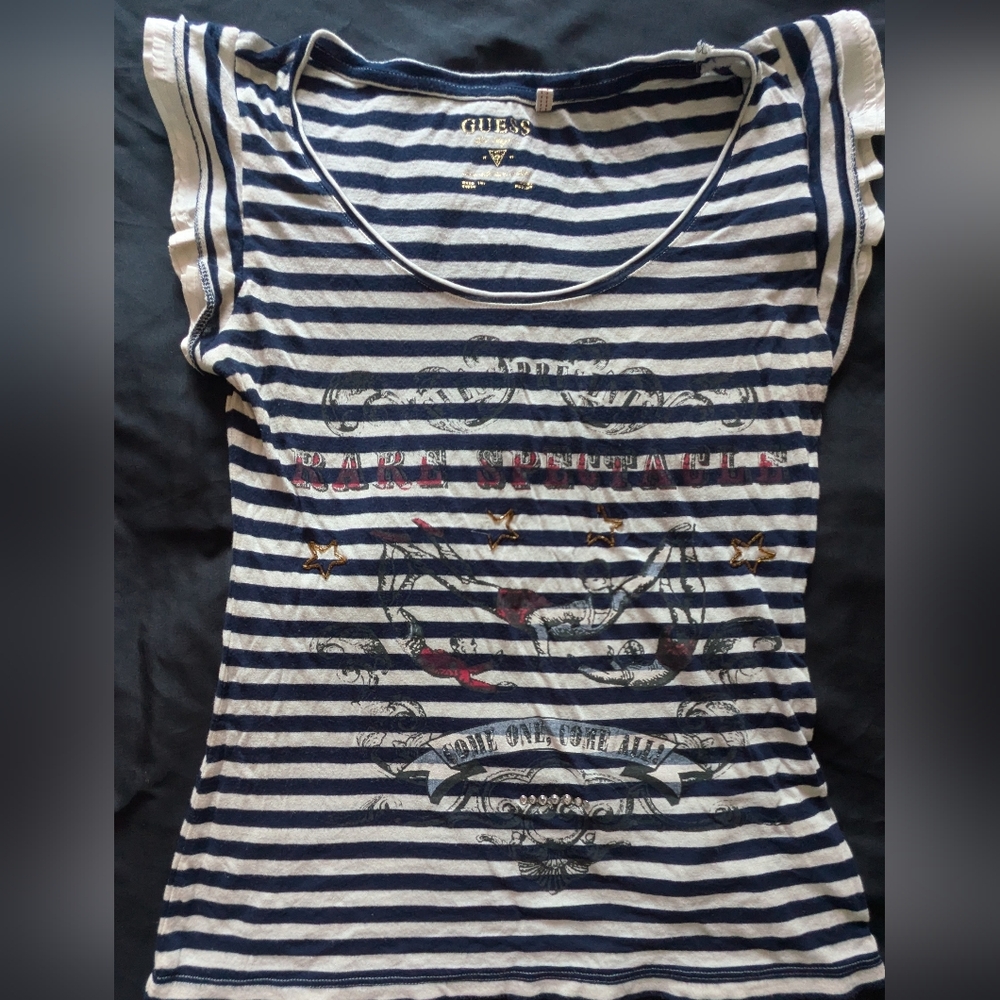 GUESS Navy and White Striped Scoop Tank with Graphic and Gold Star Accents